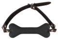 Knebel BDSM z silikonu medycznego – kształt kości, czarny, widok z przodu.
