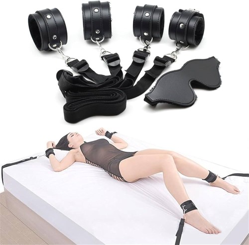 Zestaw kajdanek do łóżka z mocnymi pasami i gratisową opaską.